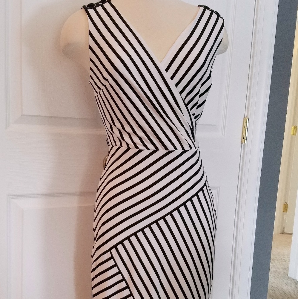 WHBM black and white striped v neck dress. 4